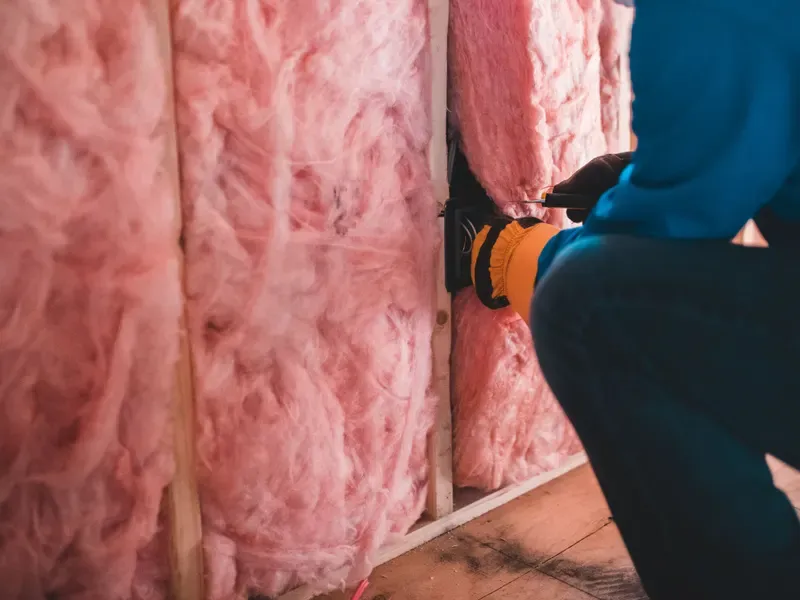 Worker installing pink fiberglass insulation batts