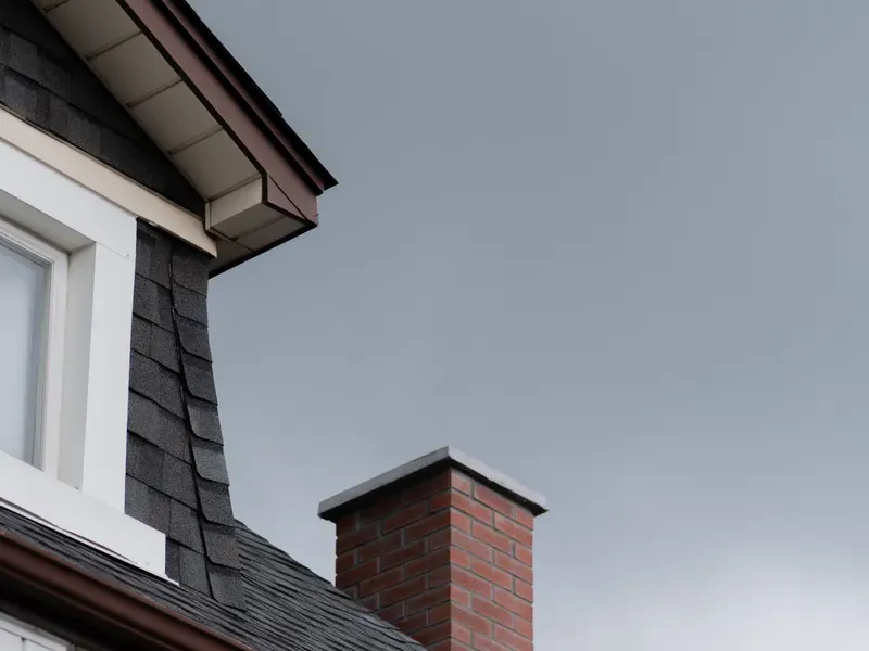 Close-up of an asphalt shingle roof with a brick chimney