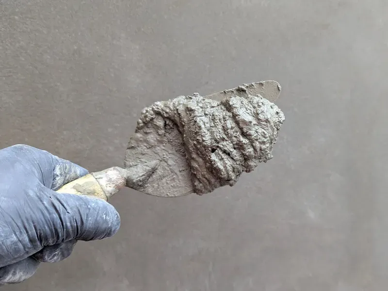 Gloved hand holding a hand trowel loaded with cement