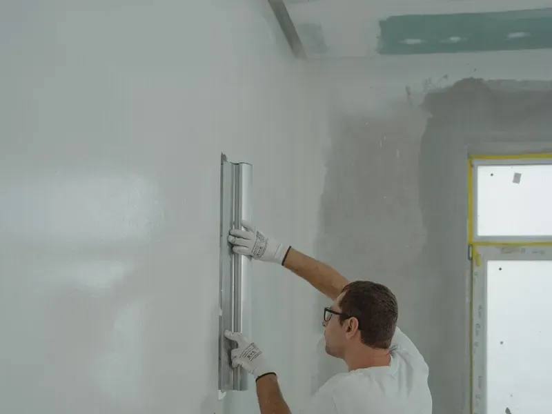 Worker finishing a wall with a taping tool during renovation
