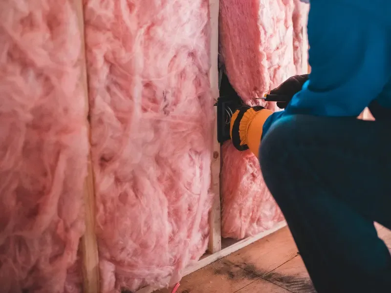 Worker installing pink fiberglass batt insulation between wall studs